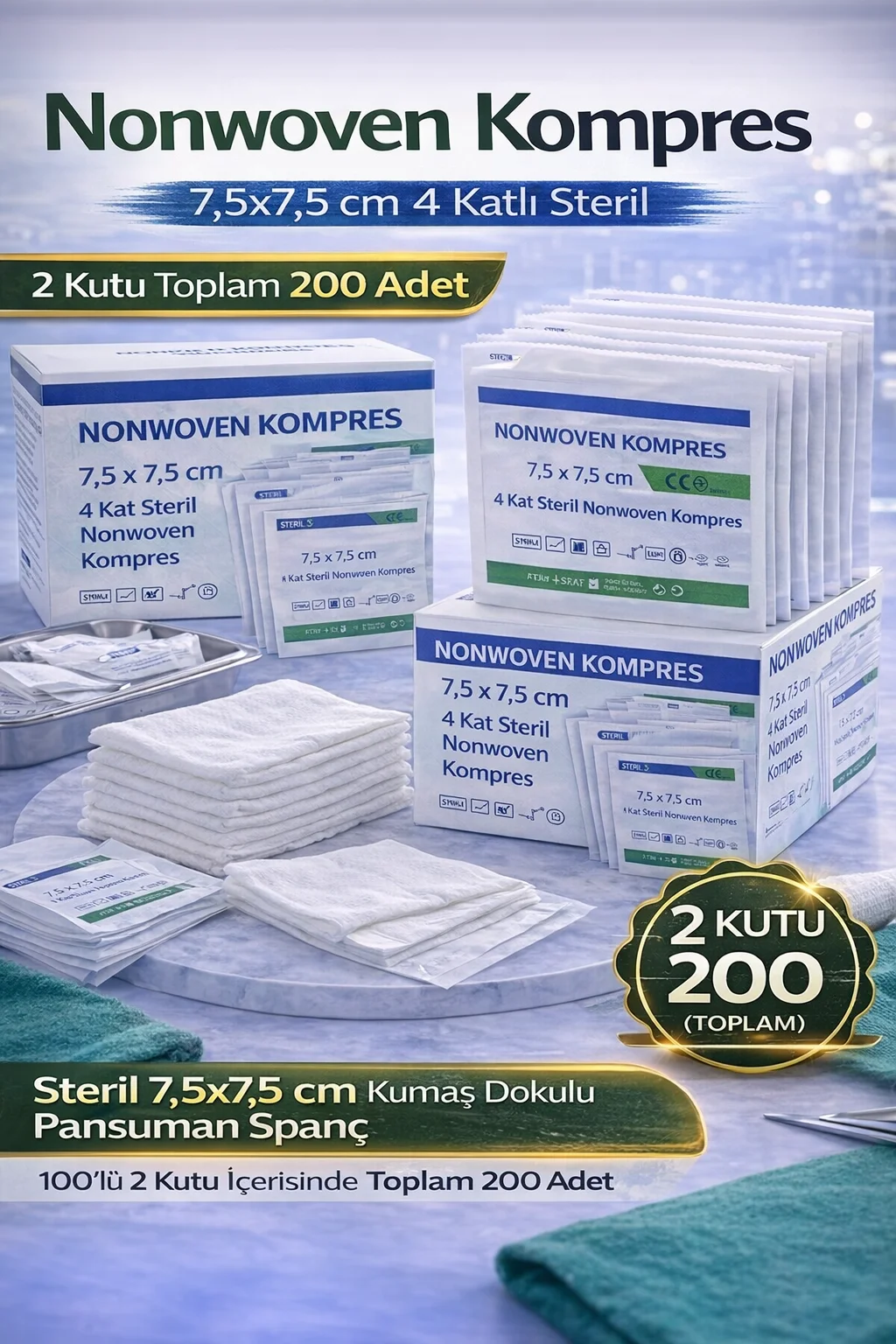 Northcity Nonwoven Gaz Kompres 7,5x7,5 cm - 4 Katlı Steril Pansum