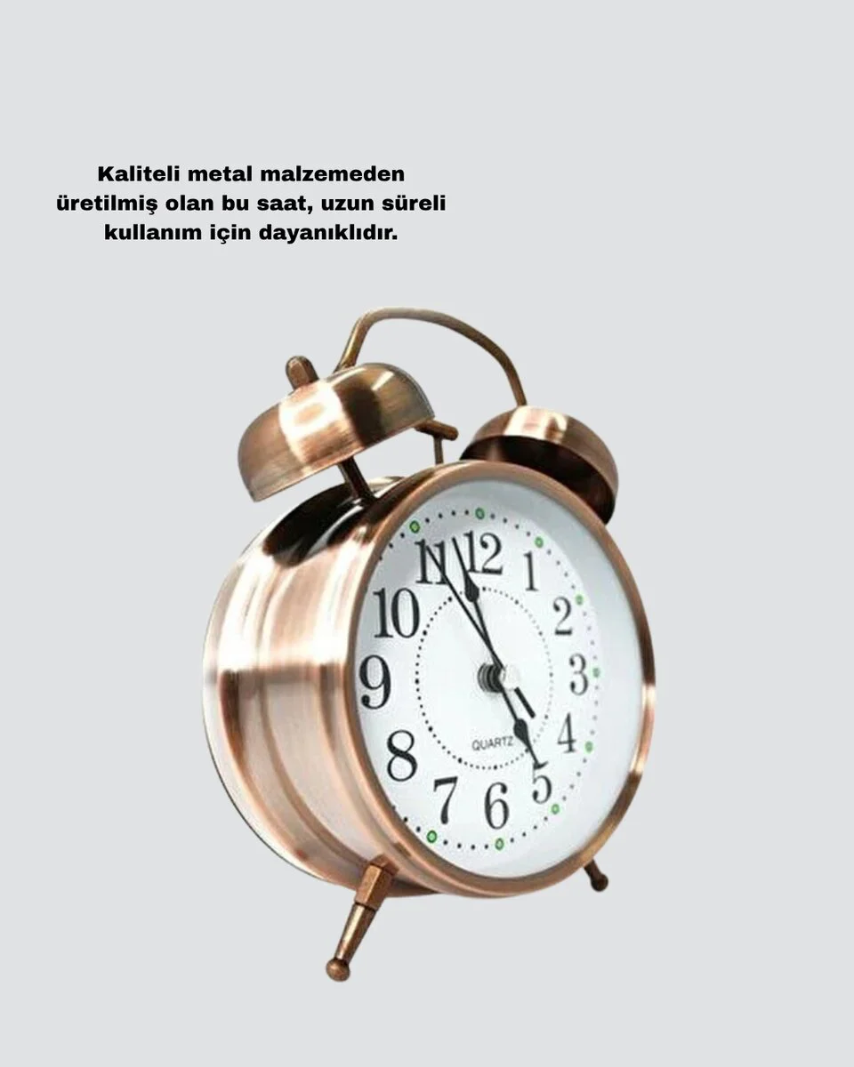 Nostaljik Büyük Boy Bronz Masa Saati - Retro Dekor ve Yüksek Sesli Alarm