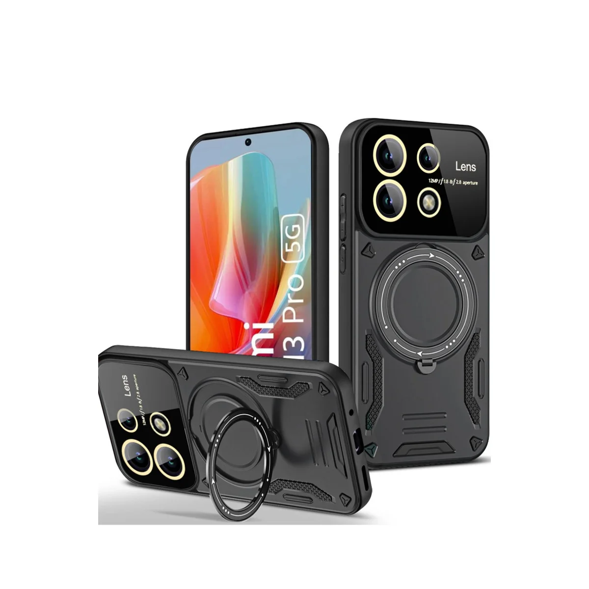 Northcity Note 13 Pro 5G Kılıf Joy Lens Standlı Kapak - 360° Döner Parmak Halkası ve Askeri Düzeyde Darbe Koruması