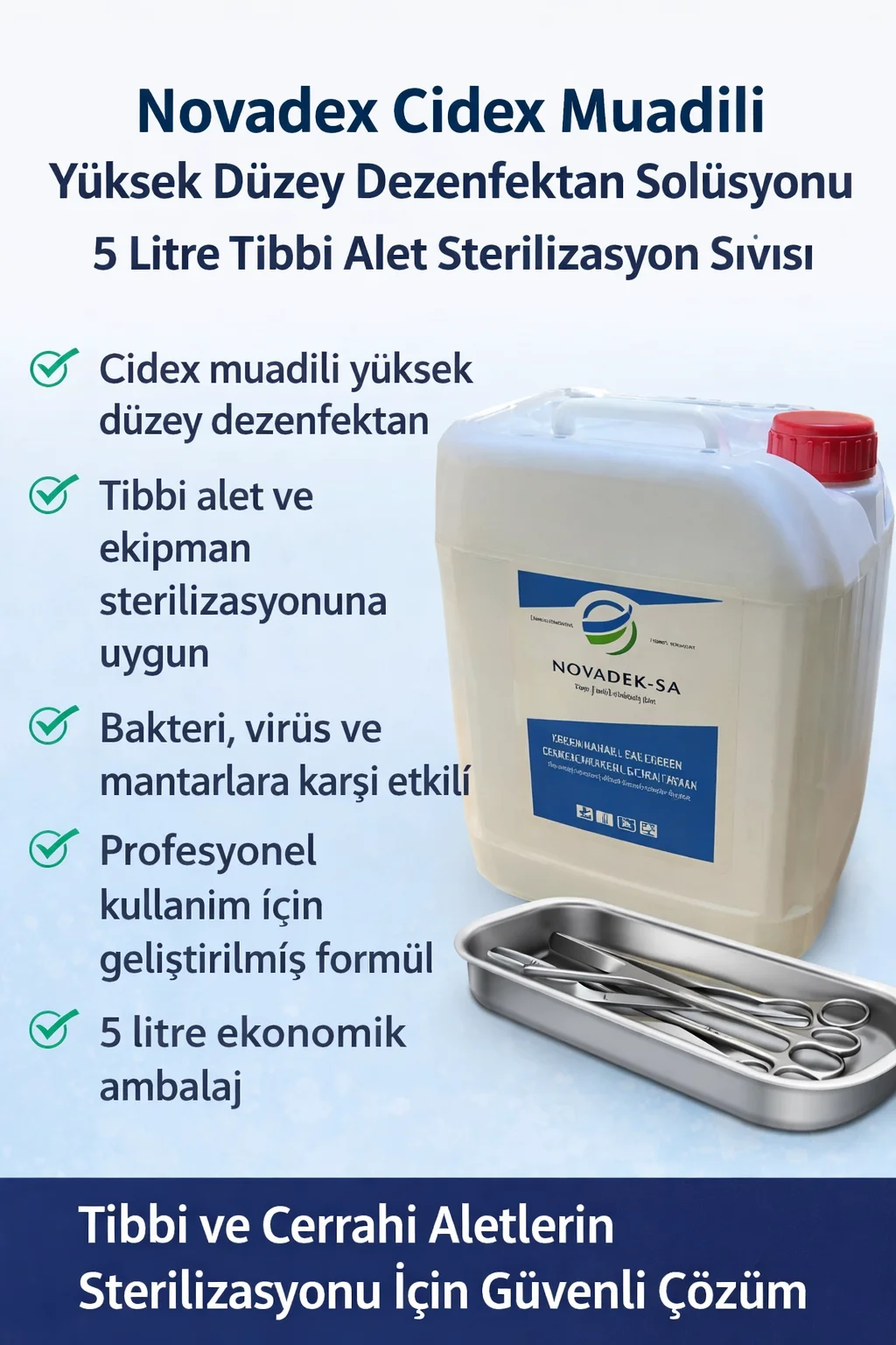 Novadex Yüksek Düzey Dezenfektan Solüsyonu 5 Litre - Tıbbi Alet Sterilizasyon Sıvısı