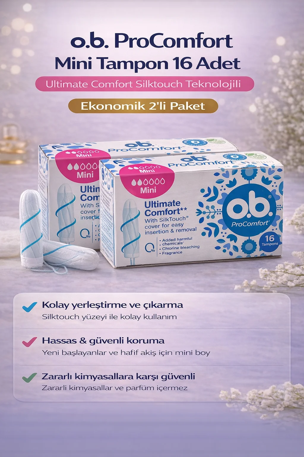 o.b. ProComfort Mini Tampon 16'lı 2 Paket Ultimate Comfort Silktouch Teknolojili