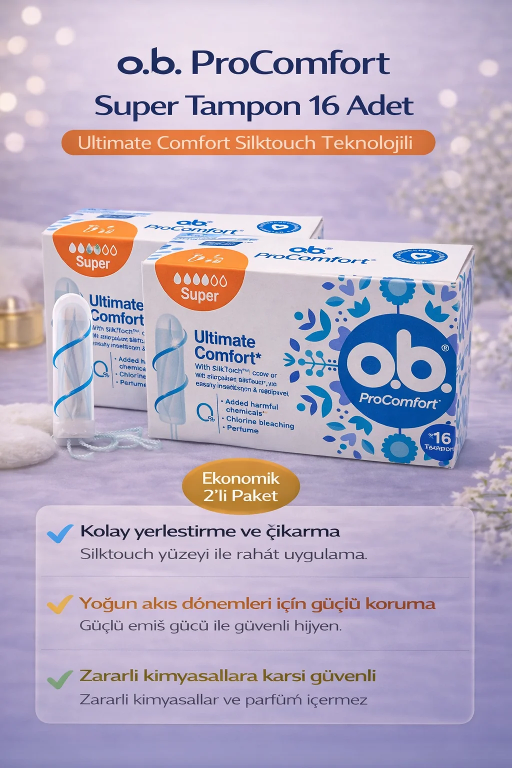 o.b. ProComfort Super Tampon 16'lı 2 Paket Ultimate Comfort Silktouch Teknolojili - Yoğun Akış İçin Mükemmel Konfor
