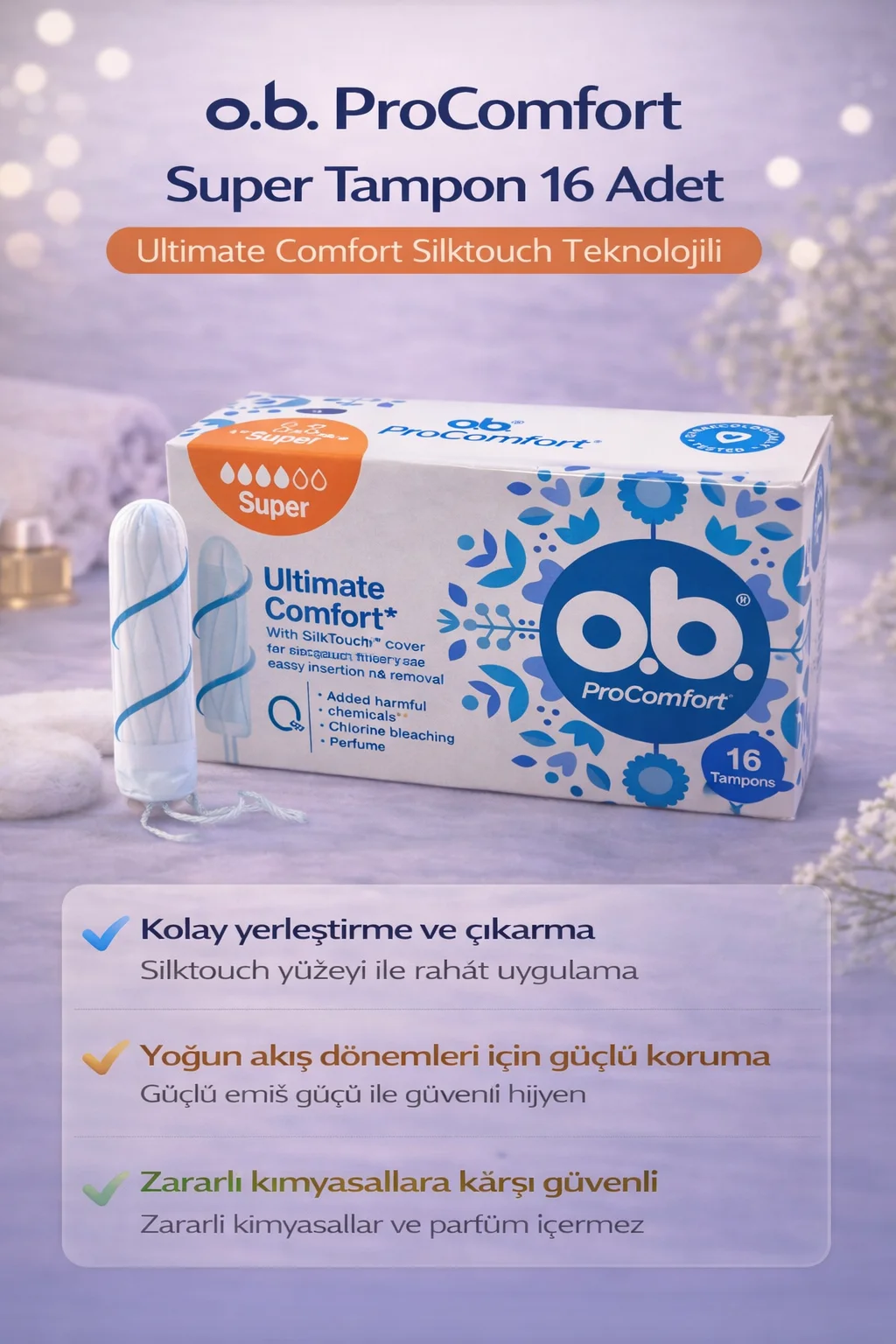 o.b. ProComfort Super Tampon 16'lı Paket - Ultimate Comfort Silktouch Teknolojili Yoğun Akış İçin Güvenli Koruma