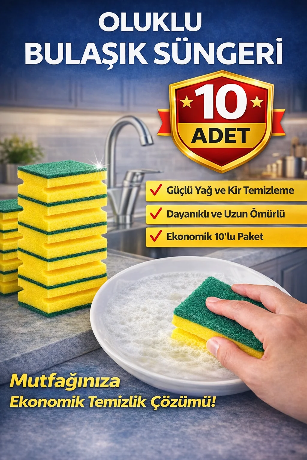 Oluklu Bulaşık Süngeri 5'li 2 Paket - Güçlü Yağ ve Kir Temizleyici Çift Katmanlı Dayanıklı Mutfak Temizlik Süngeri