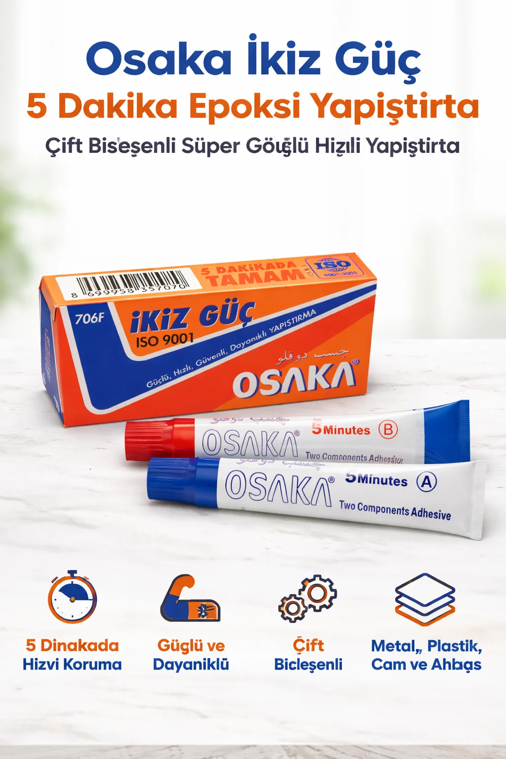Osaka İkiz Güç 5 Dakika Epoksi Yapıştırıcı - Çift Bileşenli Güçlü Hızlı Yapıştırıcı 1 Adet