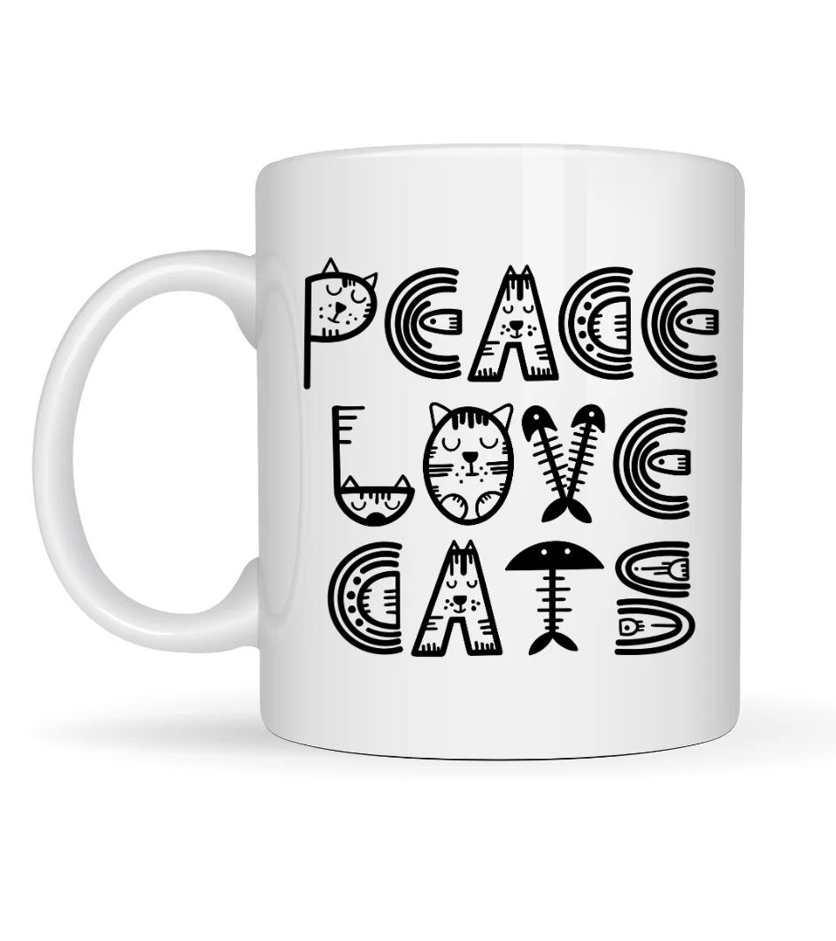 Peace Love Cats Sevimli Kedi Desenli Porselen Kupa - Kahve & Çay Kupası