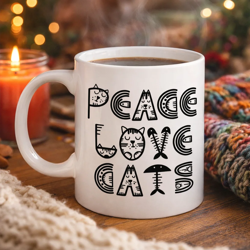 Peace Love Cats Sevimli Kedi Desenli Porselen Kupa - Kahve & Çay Kupası