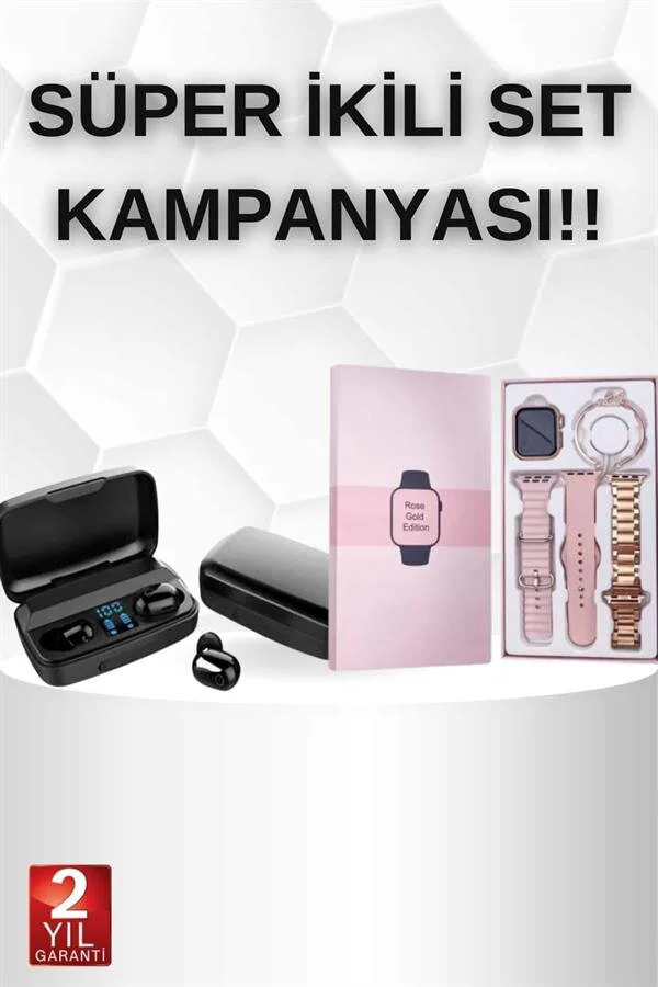 Pembe Akıllı Saat ve TWS Kulaklık Seti - Kablosuz Bluetooth Dokunmatik Hediye Paketi