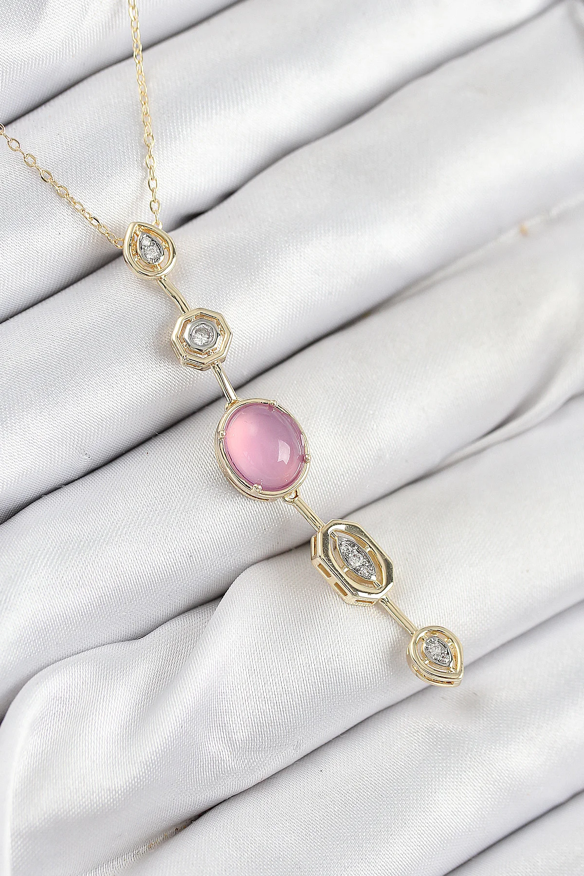Pembe Gold Zirkon Taşlı Y Kolye - Şık Pirinç Zincir