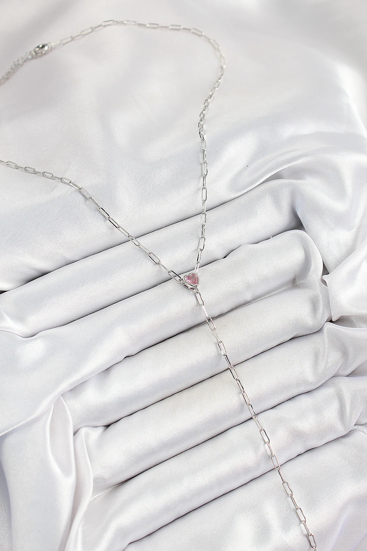 Pembe Kalp Zirkon Y Model Gümüş Kolye - Dayanıklı Pirinç Malzeme Kadın Takıları