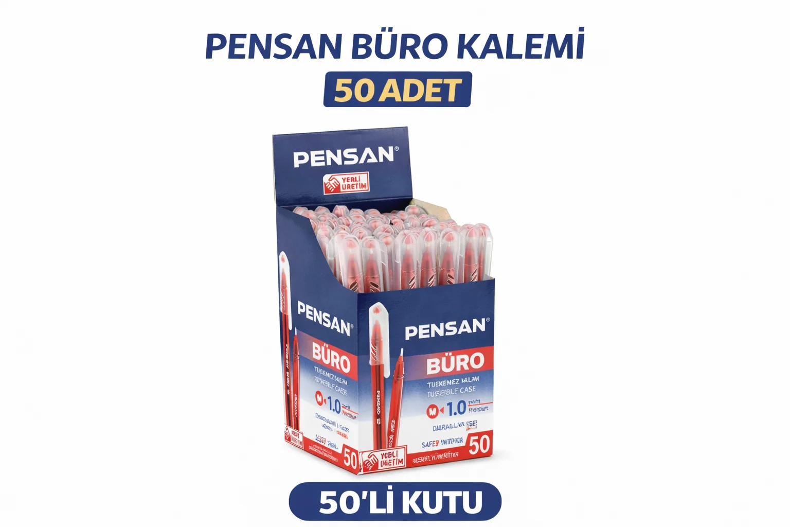 Pensan Büro 2270 Kırmızı Tükenmez Kalem 1.0 mm Medium - 50 Adet Yerli Üretim Ekonomik Ofis Kalem