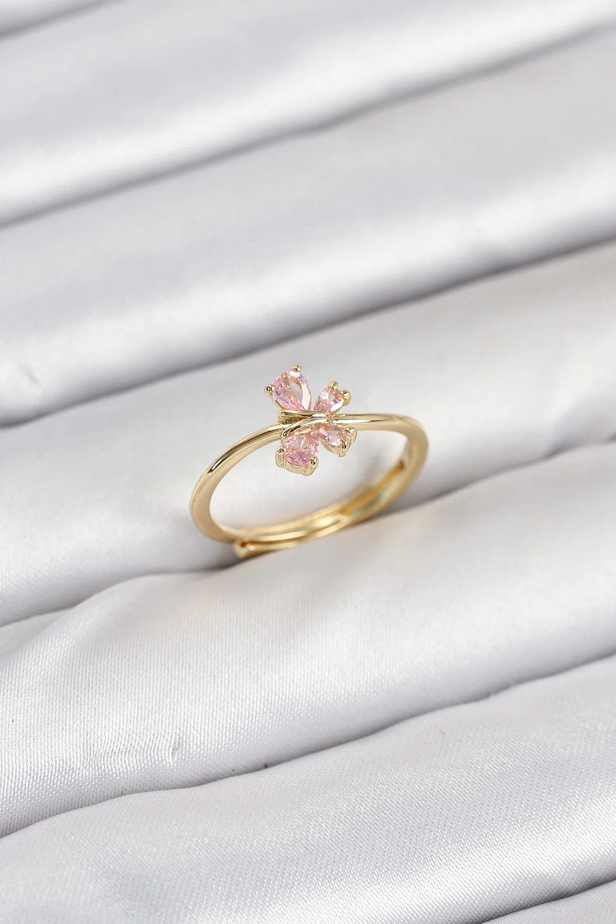 Northcity Pirinç Gold Renk Pembe Kelebek Kadın Yüzüğü - Ayarlanab