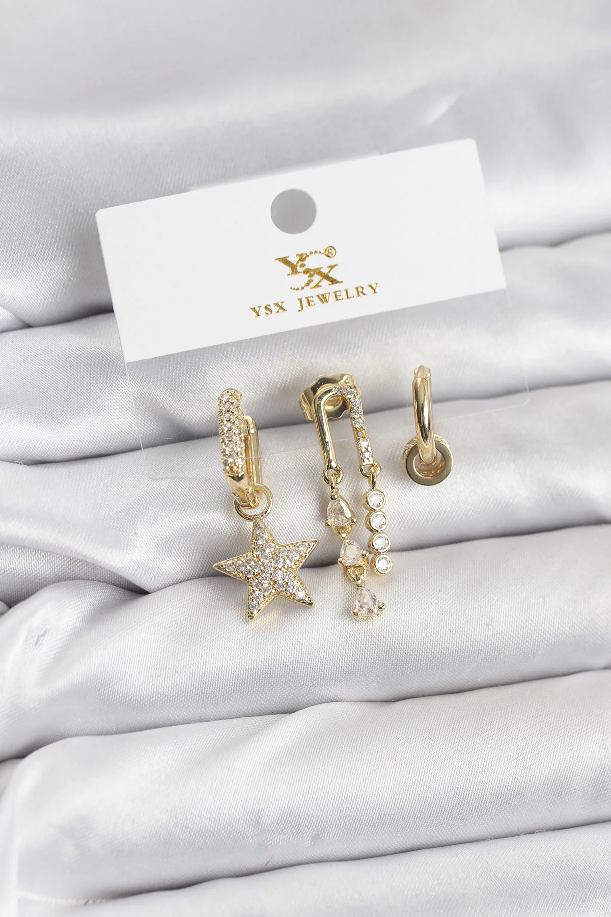 Northcity Pirinç Gold Zirkon Taşlı Yıldız Vintage Model YSX Trio Küpe Seti - Vintage Estetiği
