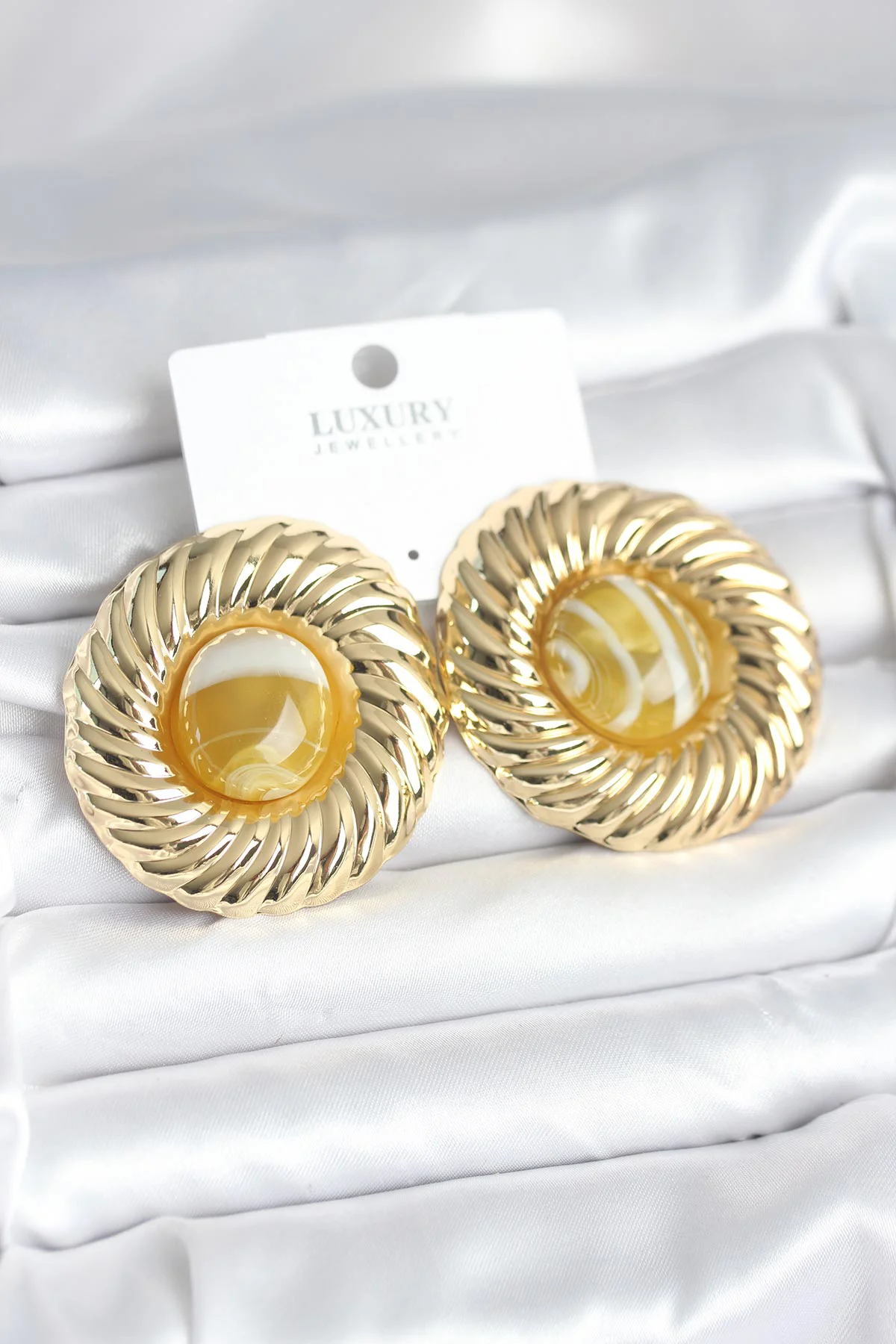 Pirinç Gold Kehribar Boncuklu Vintage Kadın Küpe