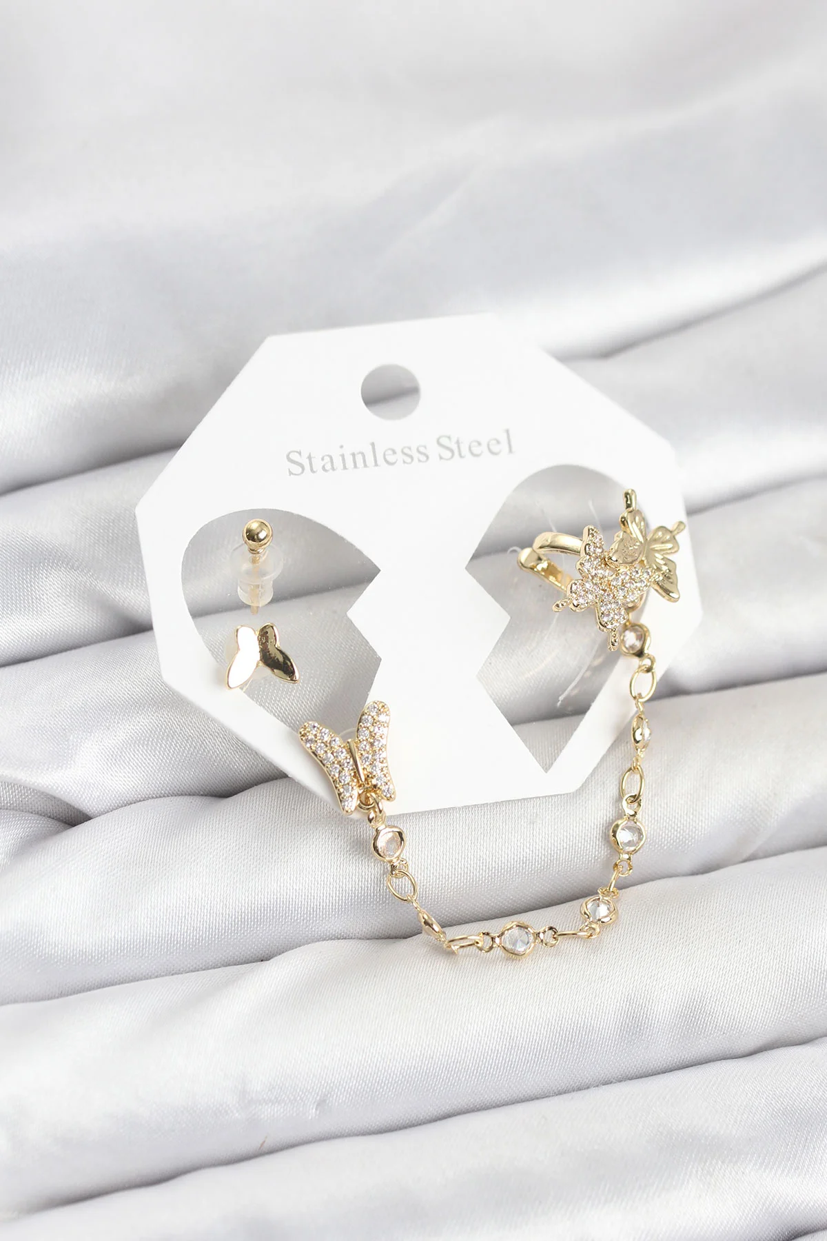 Pirinç Gold Kelebek Model Zincir Bağlantılı Ear Cuff Küpe Seti 5886