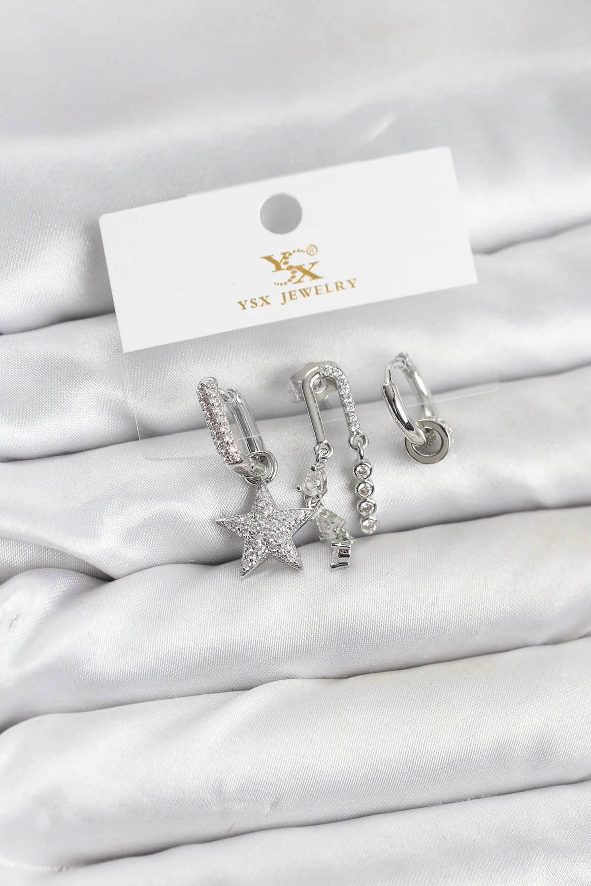 Northcity Pirinç Gümüş Renk Zirkon Taşlı Yıldız Vintage Model YSX Trio Küpe Seti