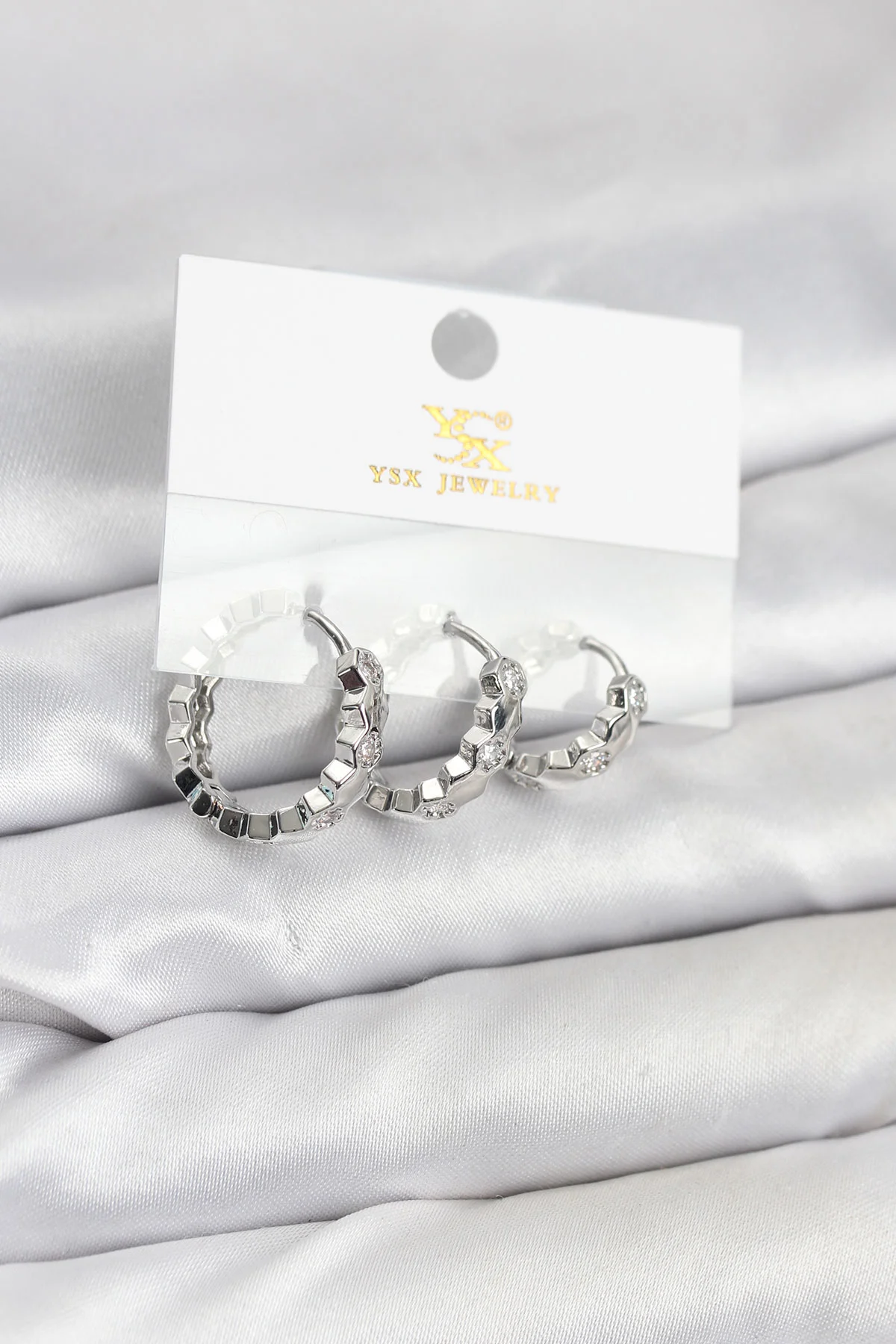 Northcity Pirinç Gümüş Renk Zirkon Taşlı Petek Halka Model YSX Trio Küpe Seti - Kaliteli Takı Çözümü
