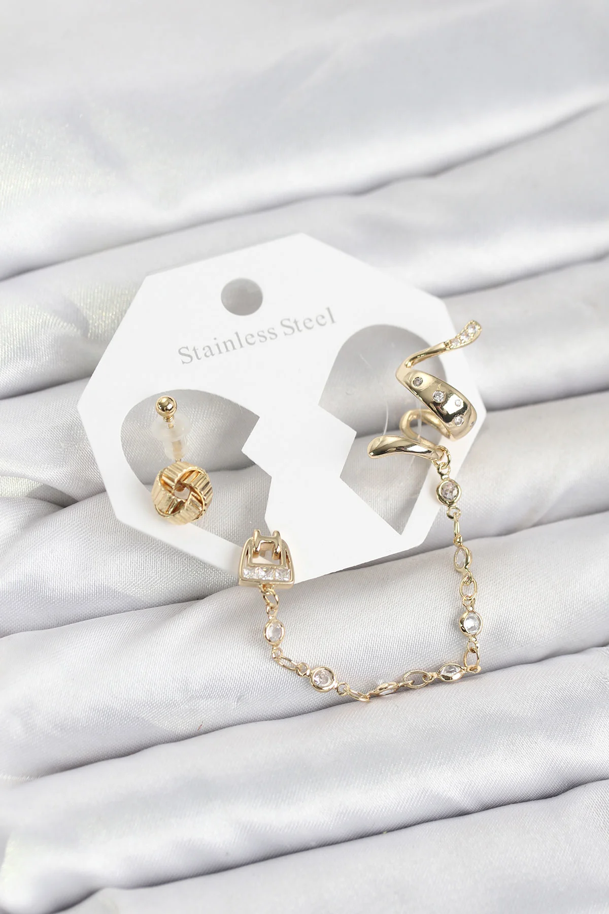 Pirinç Yılan Model Zincir Bağlantılı Ear Cuff Küpe Seti - Şık ve Dayanıklı