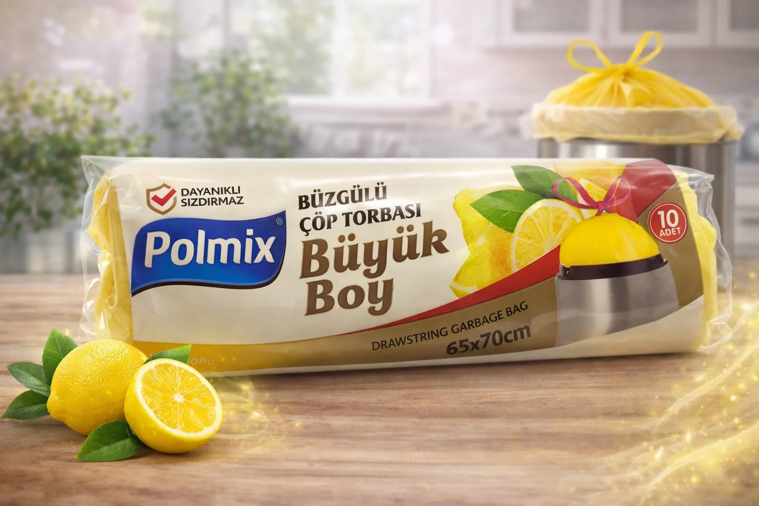 Polmix Limon Kokulu Büzgülü Büyük Boy Çöp Torbası 65x70 cm 10'lu Paket - Sızdırmaz ve Hijyenik Çözüm