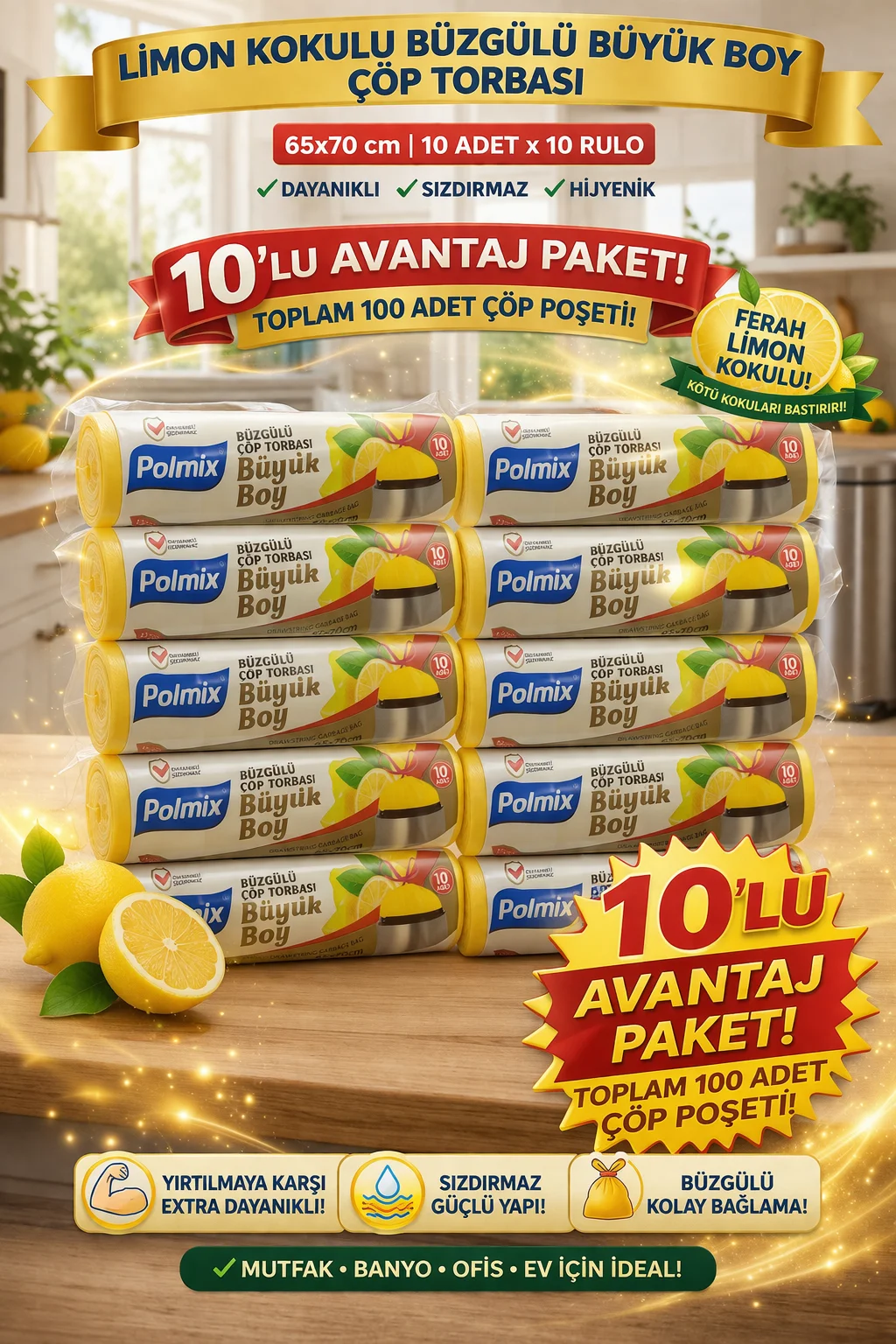 Polmix Limon Kokulu Büzgülü Büyük Boy Çöp Torbası 65x70 cm - 10'lu Paket, Sızdırmaz ve Dayanıklı