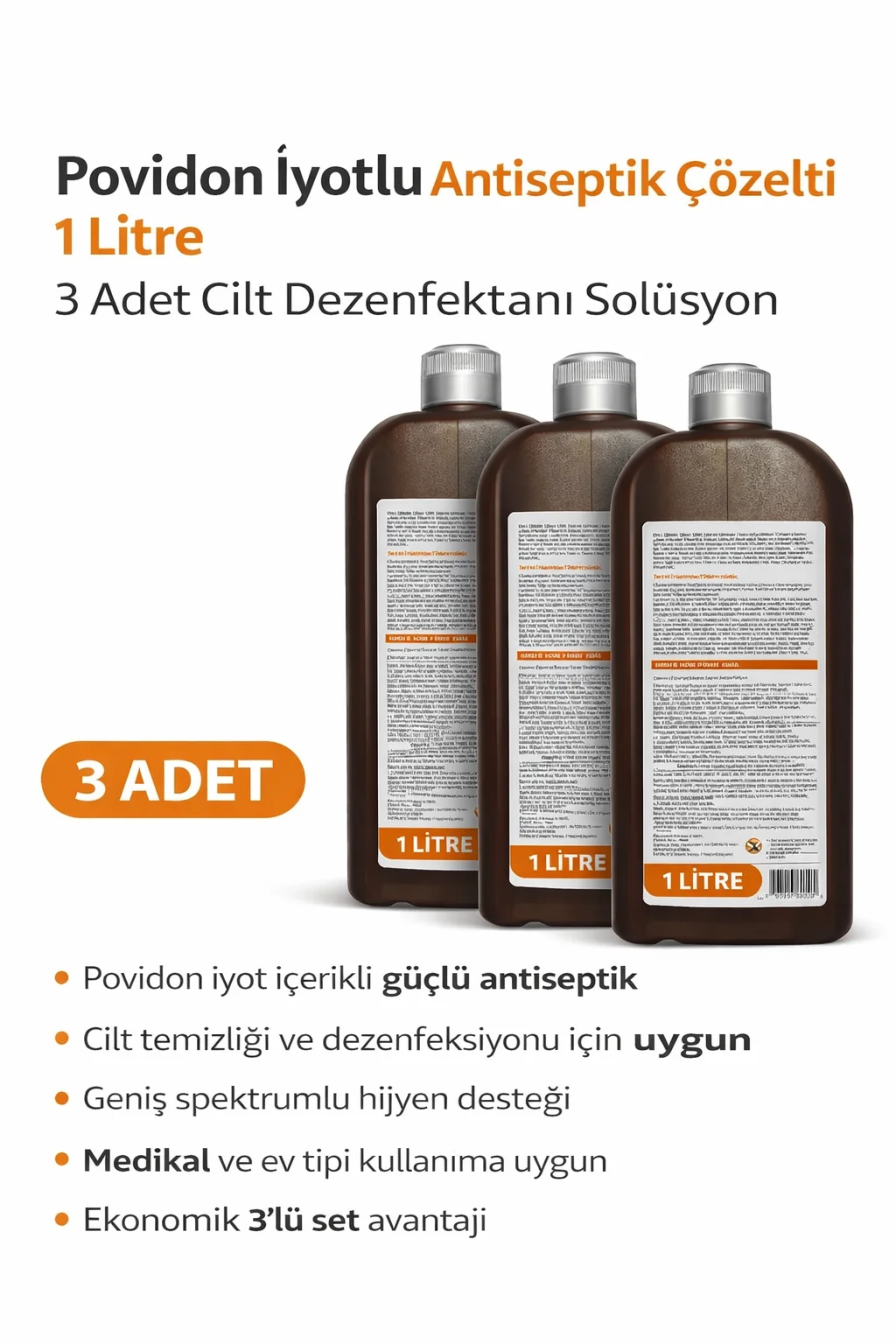 Povidon İyotlu Antiseptik Çözelti 1 Litre x 3 Adet Cilt Dezenfektanı - Kapsamlı Hijyen Koruması