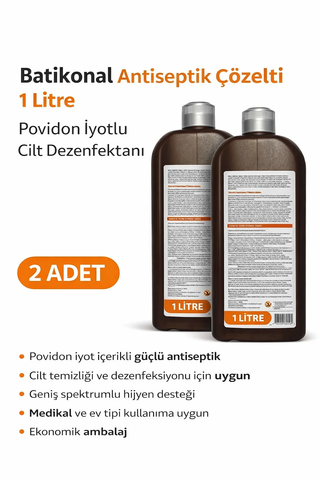 Povidon İyotlu Baticonal Antiseptik Çözelti 1 Litre x 2 Cilt Dezenfektanı ve Yara Temizleyici