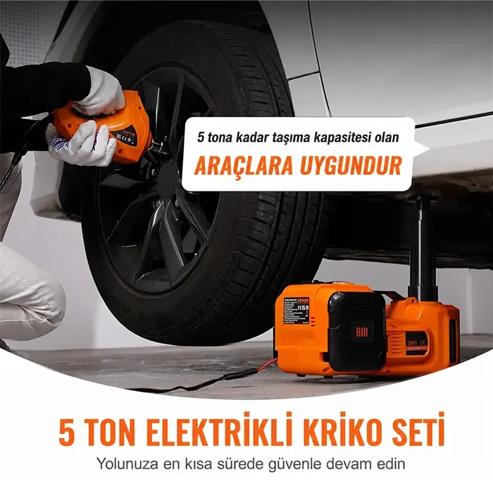 PowerLift Pro 5 Ton Çok Fonksiyonlu Elektrikli Kriko, Bijon Anahtarı ve Hava Kompresörü Seti - Yol Yardım Çantası