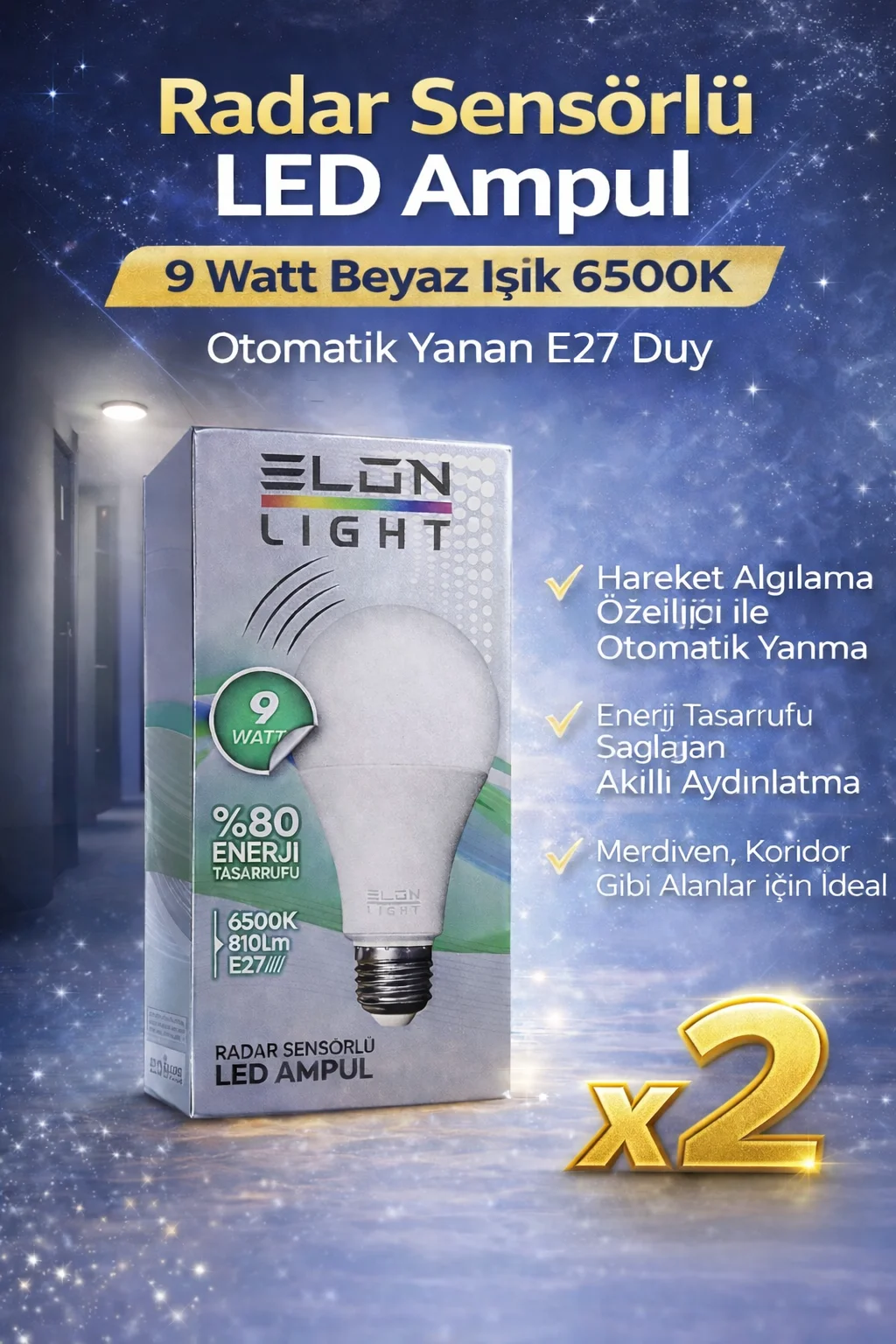 Radar Sensörlü LED Ampul 9 Watt 6500K E27 Hareket Algılı Otomatik Aydınlatma - 2 Adet