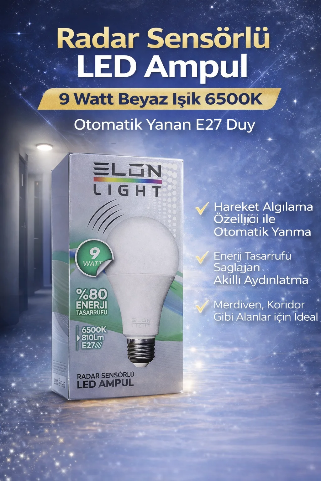 Radar Sensörlü LED Ampul 9 Watt 6500K Beyaz Işık E27 Duy - Otomatik Aydınlatma ve Enerji Tasarrufu