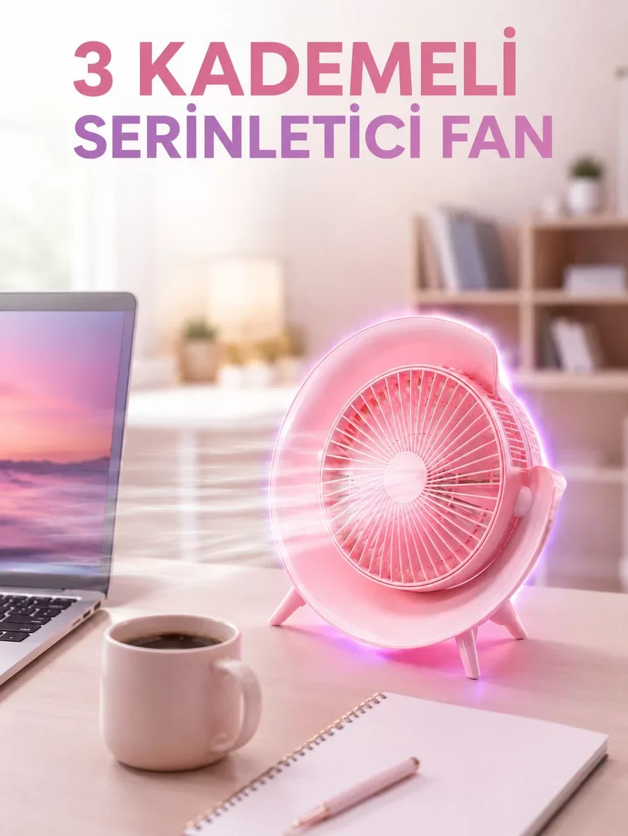 RGB Işıklı 3 Kademeli USB Şarjlı Masaüstü Vantilatör - Estetik Tasarım ve Güçlü Esinti