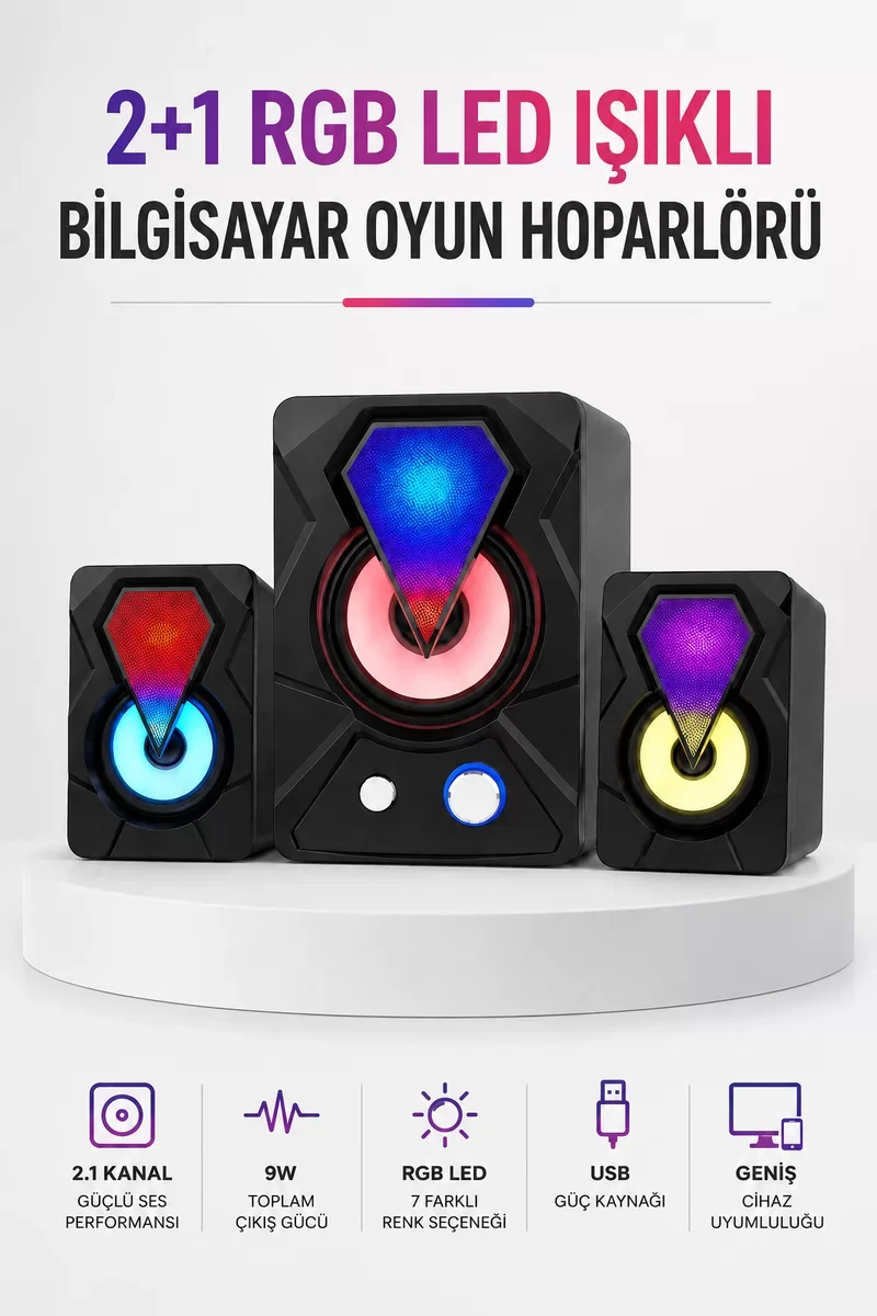 RGB LED Aydınlatmalı 2.1 Oyun Hoparlör Sistemi