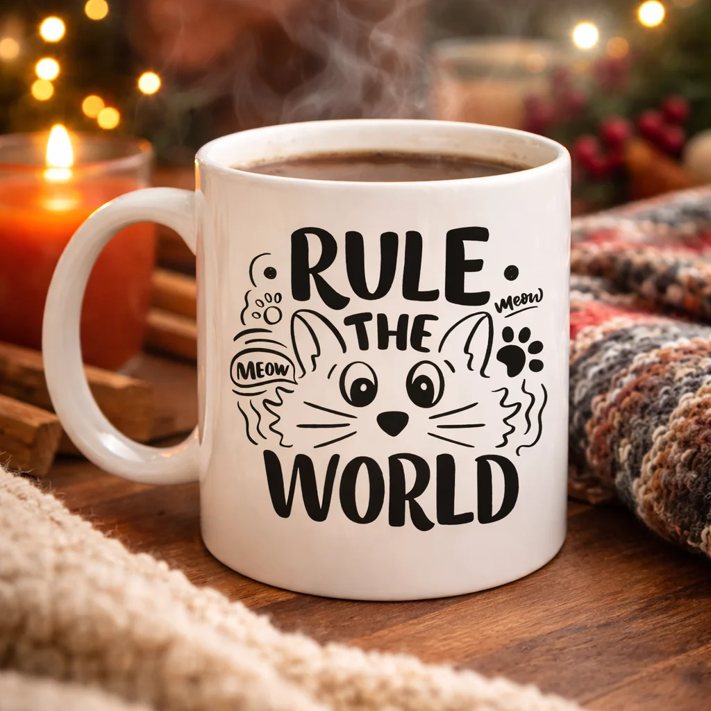 Northcity Rule The World Kedi Desenli Porselen Kahve Kupası - Sev