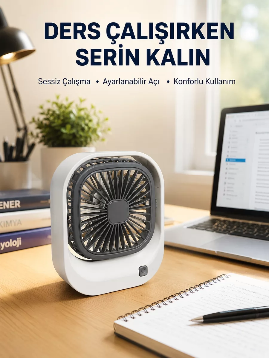 Şarjlı Masaüstü Fan 3 Kademeli Güçlü Hava Akışı - Sessiz ve Konforlu