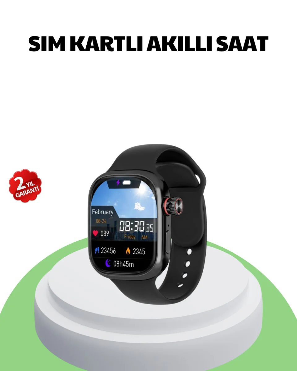 Sesli Arama Özellikli SIM Kartlı Siyah Akıllı Saat - Nabız Ölçümü ve GPS Destekli