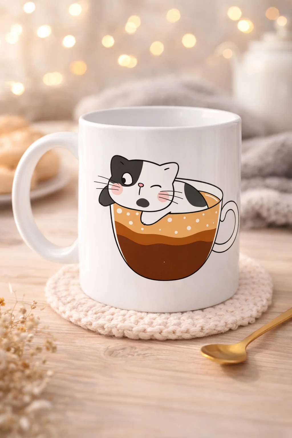 Sevimli Kedi Tasarım Porselen Kahve Kupası - 330ml Kedi Severler İçin Hediyelik