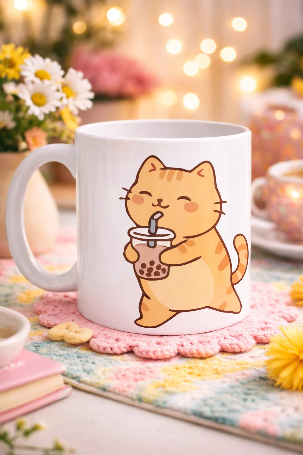 Northcity Sevimli Kedi Bubble Tea Tasarımlı Porselen Kupa - Boba 