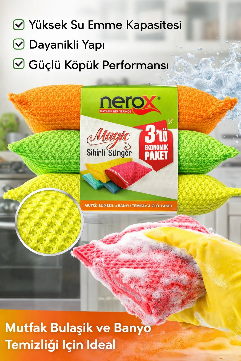 Northcity Sihirli Sünger 3'lü Set - Mutfak ve Banyo İçin Çok Amaç