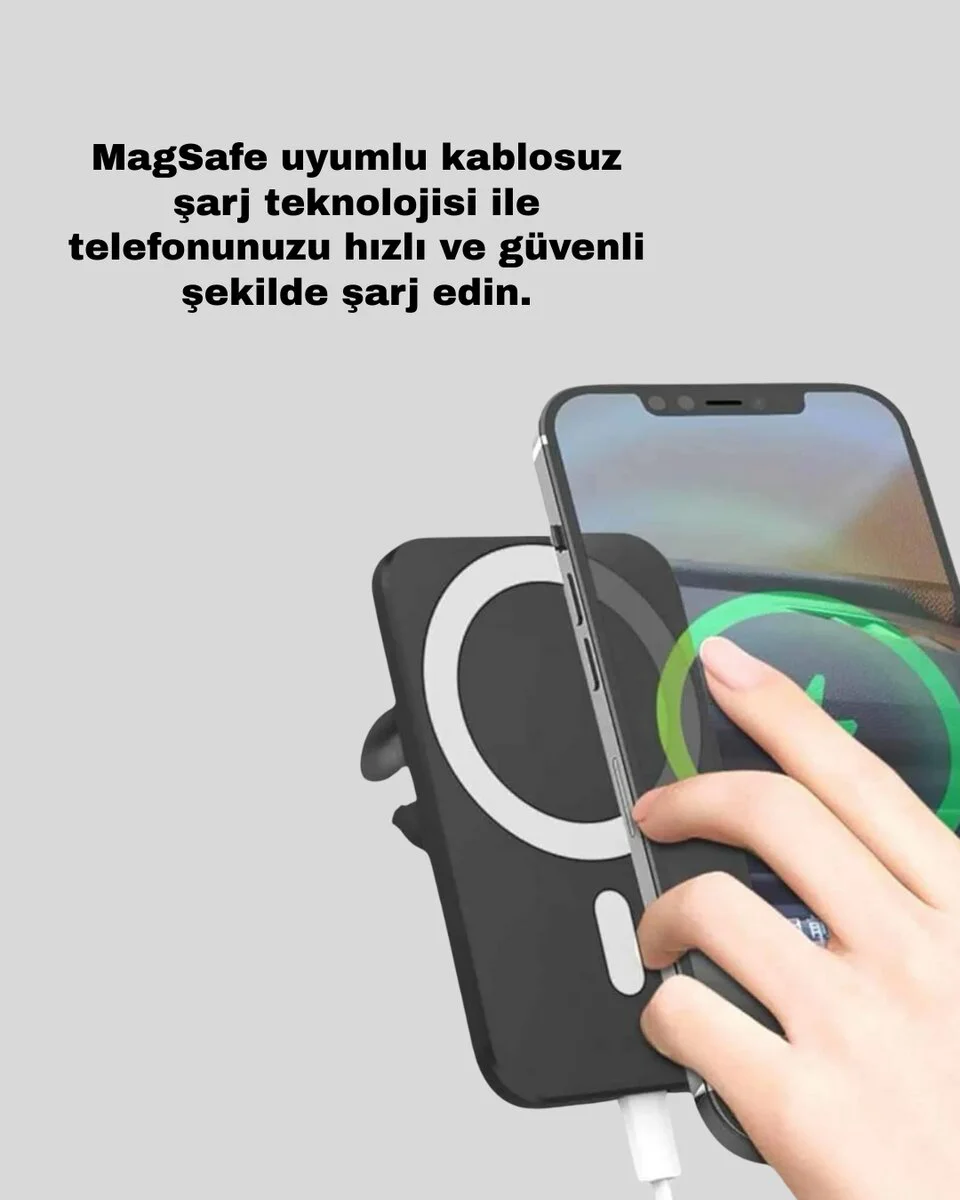 Şık Tasarımlı MagSafe Araç Telefon Tutucu Type-C Girişli - 15W Hızlı Şarj ve 360° Dönebilen Tutucu