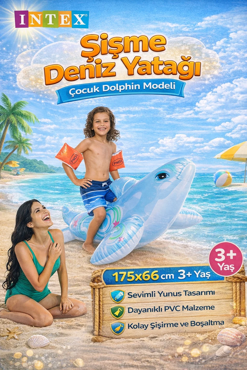 Şişme Deniz Yatağı Çocuk Dolphin Model 175x66 cm 3+ Yaş Su Oyuncağı - Havuz Eğlencesi