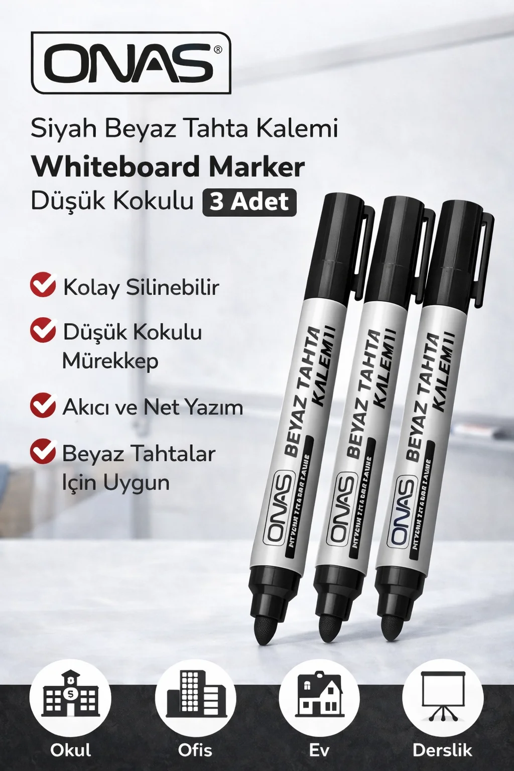 Northcity Siyah Beyaz Tahta Kalemi Düşük Kokulu 3 Adet Whiteboard