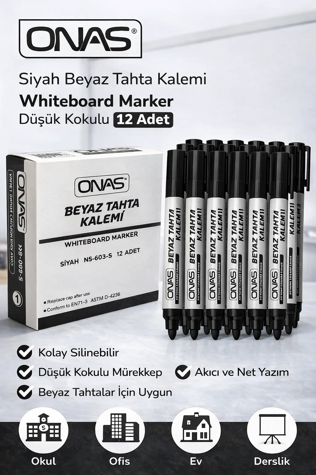 Northcity Siyah Beyaz Tahta Kalemi Düşük Kokulu 12 Adet Whiteboar