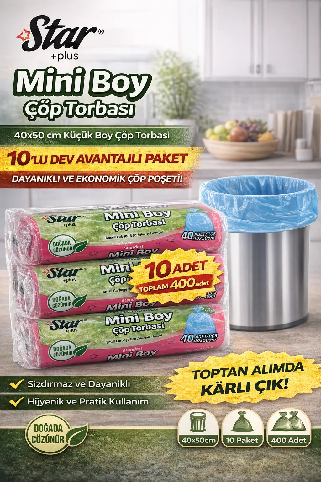 Star Plus Mini Boy Çöp Torbası 40x50 cm Sızdırmaz 40'lı 10 Paket