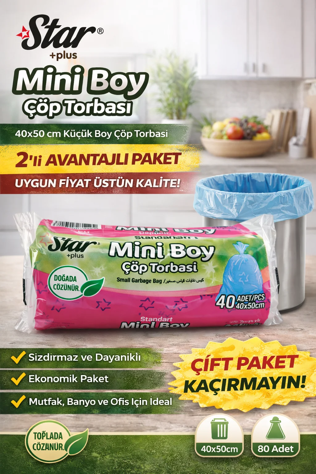 Northcity Star Plus Mini Boy Çöp Torbası 40x50 Sızdırmaz 40'lı Pa