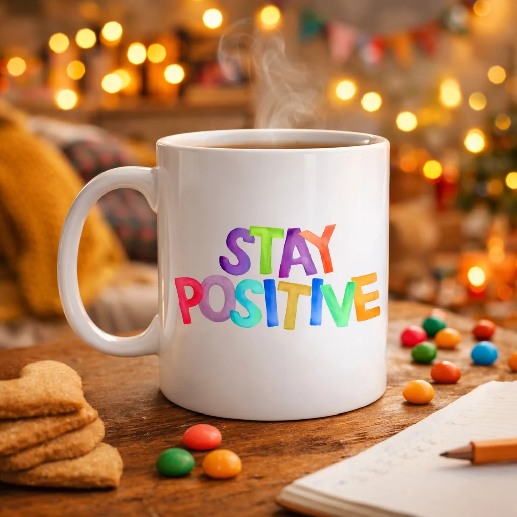 Northcity Stay Positive Baskılı Porselen Kupa - Renkli Motivasyon