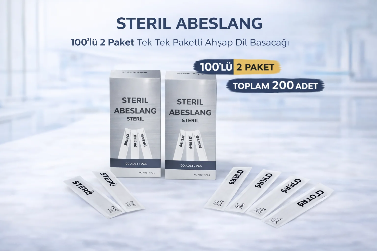 Steril Ahşab Dil Basacağı - 2 Paket Toplam 200 Adet Medikal Spatula
