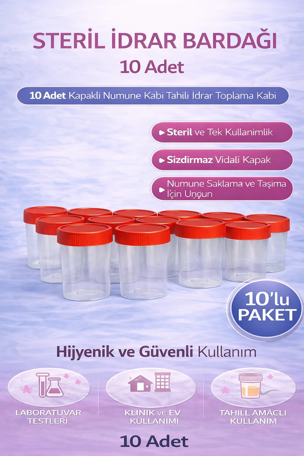 Steril İdrar Kabı Kapasiteli Numune Toplama Kabı 10 Adet - Tıbbi Analiz ve Laboratuvar Kullanımına Uygun