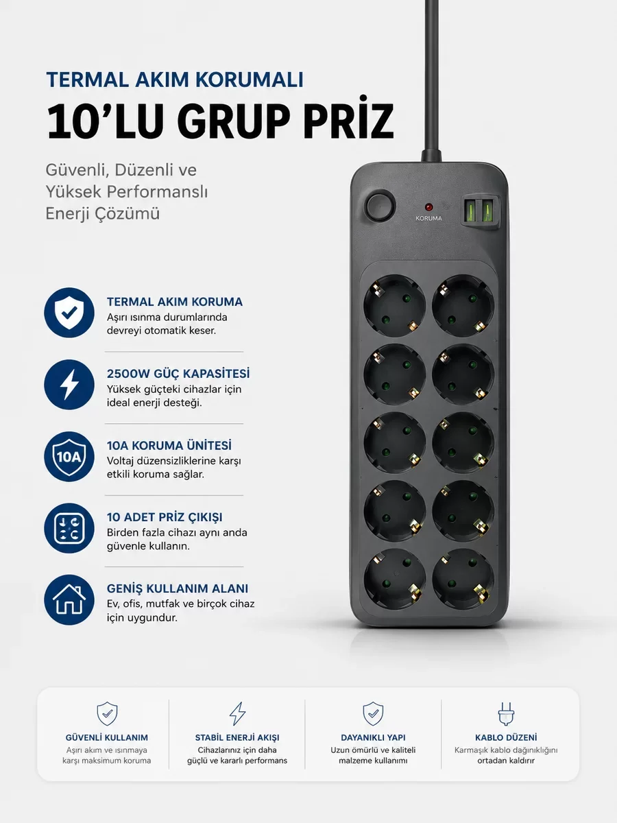 Northcity Termal Akım Korumalı 10'lu Grup Priz - USB Type-C Giriş