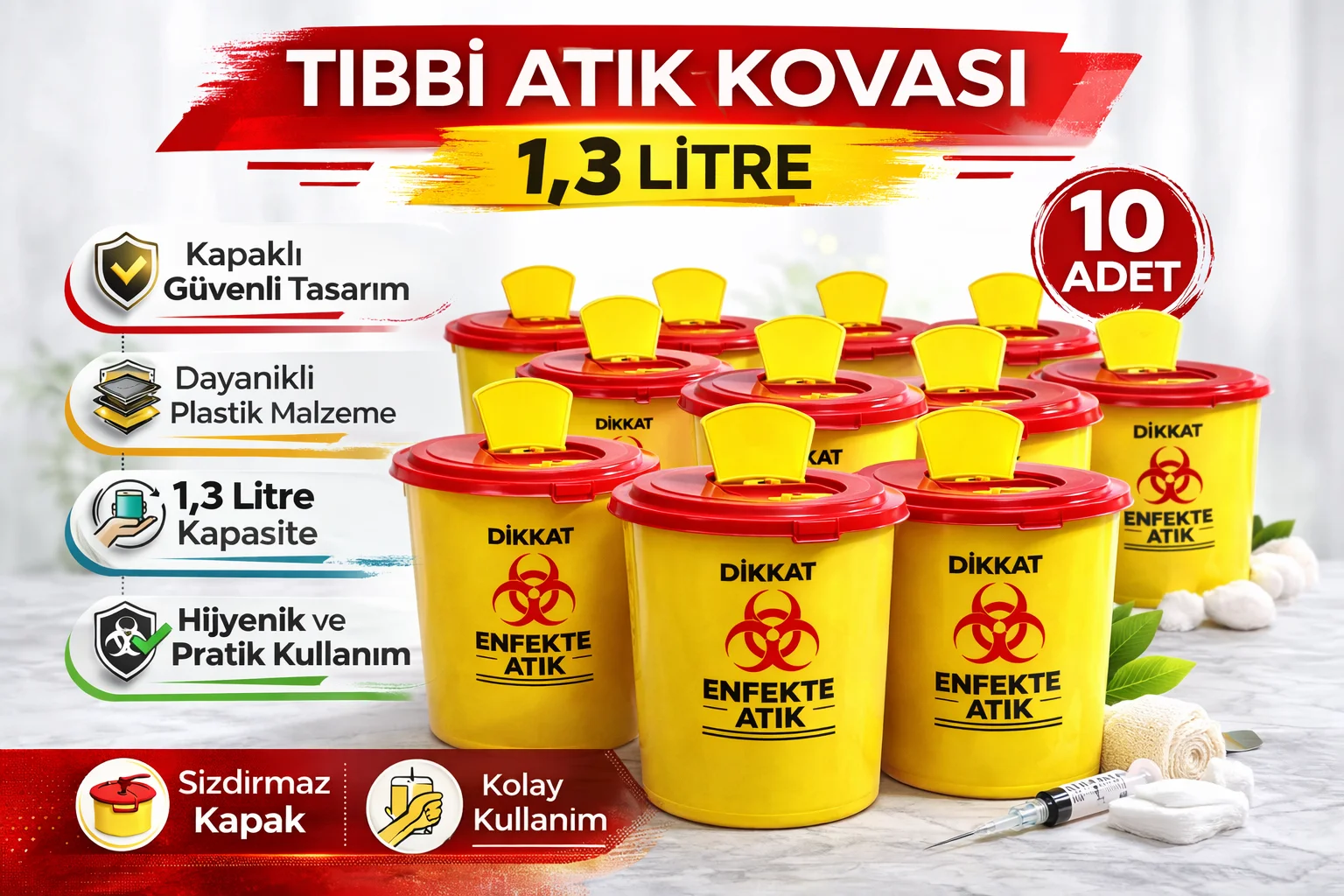Tıbbi Atık Kovası 1.3 Litre 10 Adet Kapaklı Enfekte Atık Kutusu Seti