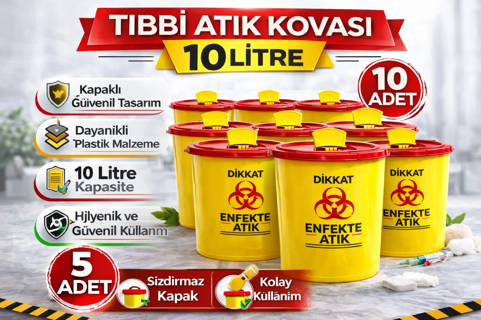 Tıbbi Atık Kovası 10 Litre 10 Adet Kapaklı Set - Enfekte Atık Kutusu ve Medikal Atık Kovusu