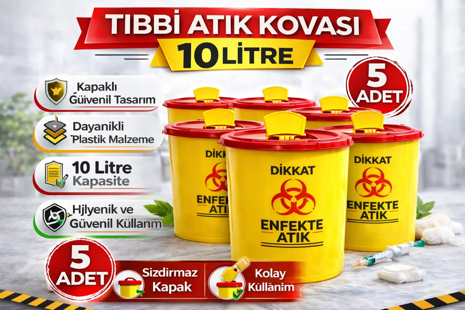 Tıbbi Atık Kovası 10 Litre Enfekte Atık Kutusu 5'li Set - Hijyenik ve Güvenli Çözüm